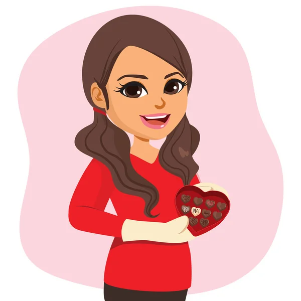 Girl Chef Holding Homemade Chocolate Bonbon Heart Shaped Gift Box Vector Graphics