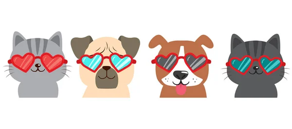 Kalp Gözlüklü Kediler Köpekler Konsept Çizimlere Bayılırlar Sevgililer Günü Kutlayan Vektör Grafikler