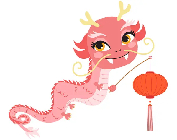 Kinesiska Zodiak Drake Tecknad Figur Som Håller Röd Fana Vektor Vektorgrafik