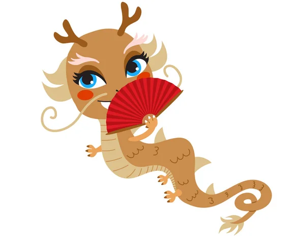 Personagem Desenho Animado Dragão Chinês Segurando Uma Ilustração Vetor Ventilador Vetores De Stock Royalty-Free