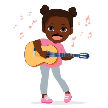 Sweet african ethnicity girl playing guitar vector illustration. Isolated child learning how to play an instrument clipart