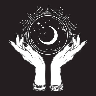 Magic crystal ball with crescent moon and stars in hands of fortune teller line art and dot work. Boho chic tattoo, poster or altar veil print design vector illustration. clipart