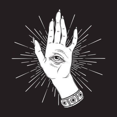 Spiritual hand with the allseeing eye on the palm. Occult design vector illustration clipart