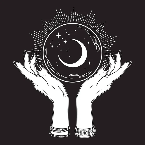 Boule Cristal Magique Avec Croissant Lune Étoiles Dans Les Mains — Image vectorielle