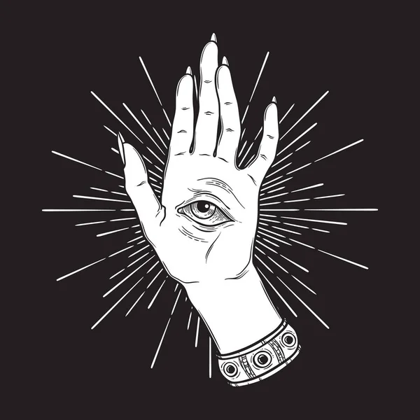 Mão Espiritual Com Olhar Que Tudo Palma Mão Desenho Oculto —  Vetores de Stock