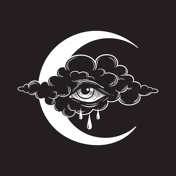Капающий Глаз Облаке Полумесяцем Луны Плачущий Небо Всевидящее Око Бога — стоковый вектор