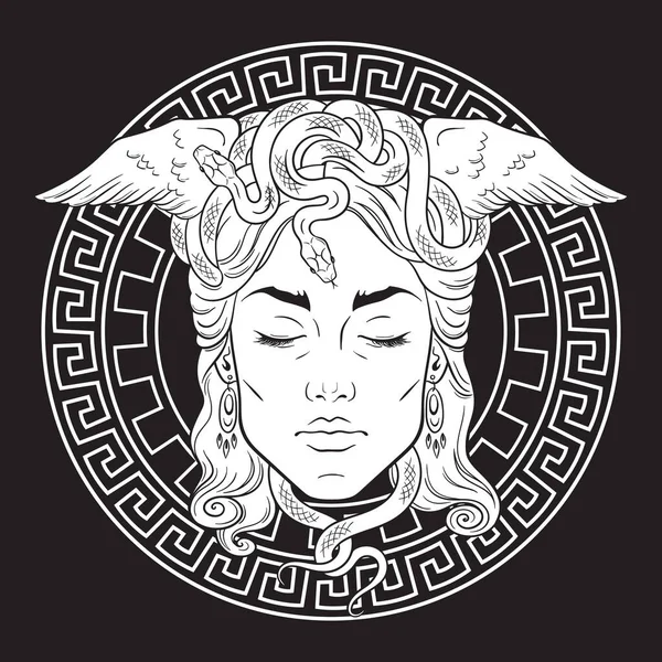 Medusa Gorgon Head Meander Shield Hand Drawn Line Art Tattoo — Stock Vector