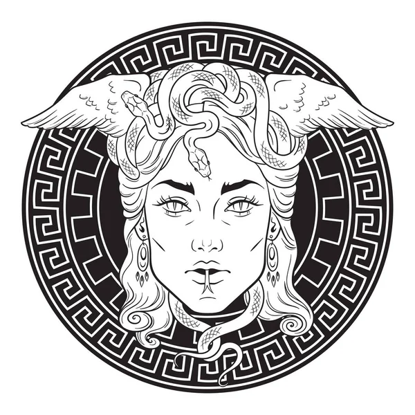 Medusa Gorgon Cabeça Escudo Meandro Mão Desenhada Linha Arte Tatuagem — Vetor de Stock