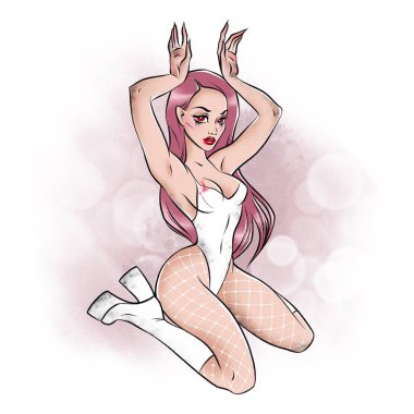 Beautiful nasty kinky girl bunny or kitten in vitage pin up style hand drawn illustration