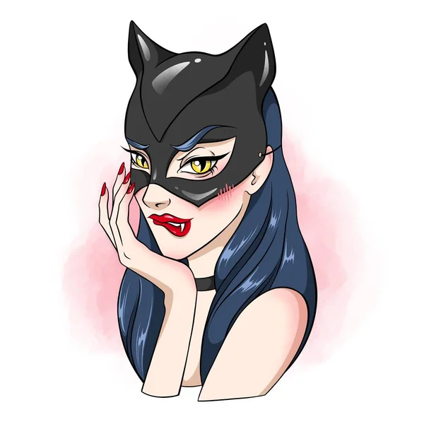 Beautiful Kitten Girl Wearing Fetish Mask Vitage Pin Style Hand — Foto Stock