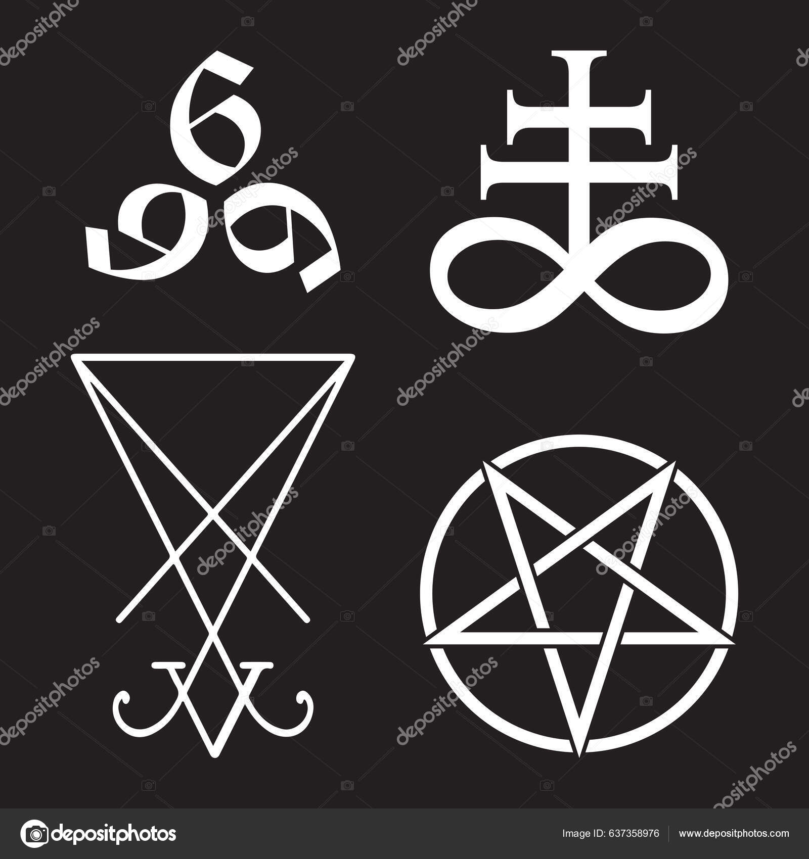 一套神秘的符号利维坦十字五角星路西法的符咒和666兽手绘制黑白查出的向量例证的数量Blackwork 闪光纹身或印花设计