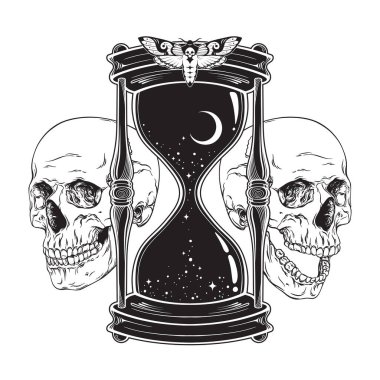 Ay, yıldızlar ve insan kafatasları ile el çizimi sanat kum saati izole boho sticker, baskı veya siyah iş dövme tasarımı vektör çizimi