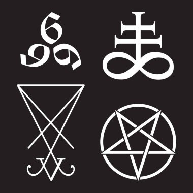 Gizli sembollerin Leviathan Cross, pentagram, Lucifer sigil ve 666 ayarla canavar el sayısı siyah beyaz izole vektör çizim çizilmiş. Siyahişi, flash dövme veya baskı tasarımı