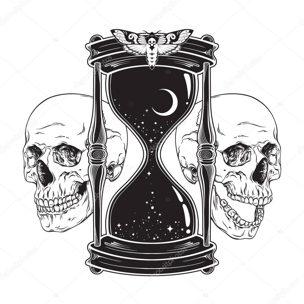 Reloj Arena Dibujado Mano Con Luna Estrellas Calaveras Humanas