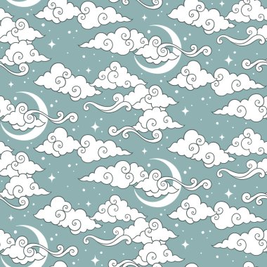 Gök cisimleri, uydular, yıldızlar ve bulutlar ile kusursuz bir desen. Pastel çizilmiş tekstil veya paket tasarımı.