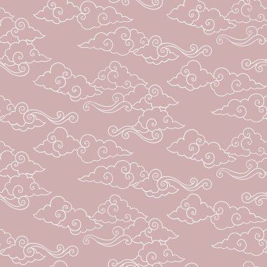 Oryantal bulutlu vektör gökyüzü kusursuz desen. Pastel çizilmiş rahat tekstil veya sihirli ambalaj tasarımı.