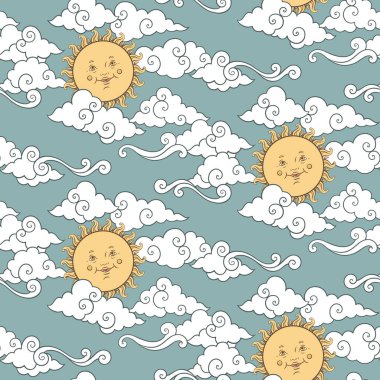 Gök cisimleri, güneş ve bulutlar arasında kusursuz bir şekil. Pastel çizilmiş tekstil veya çocuklar için ambalaj tasarımı.