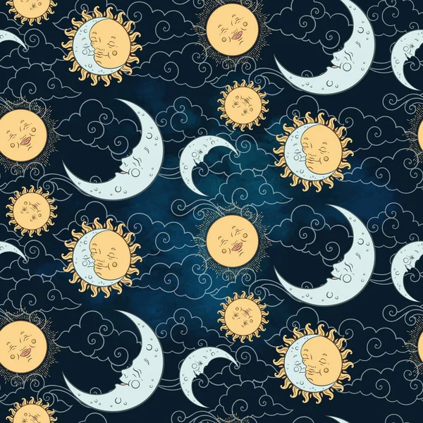 Vektorový Bezproblémový Vzor Dětskými Nebeskými Těly Měsíc Sluneční Hvězdy Mraky — Stockový vektor
