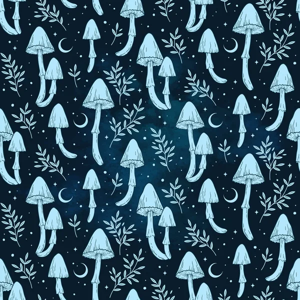 Hand Drawn Seamless Pattern Poisonous Mushrooms Branches Graphic Style Isolated — Stockový vektor