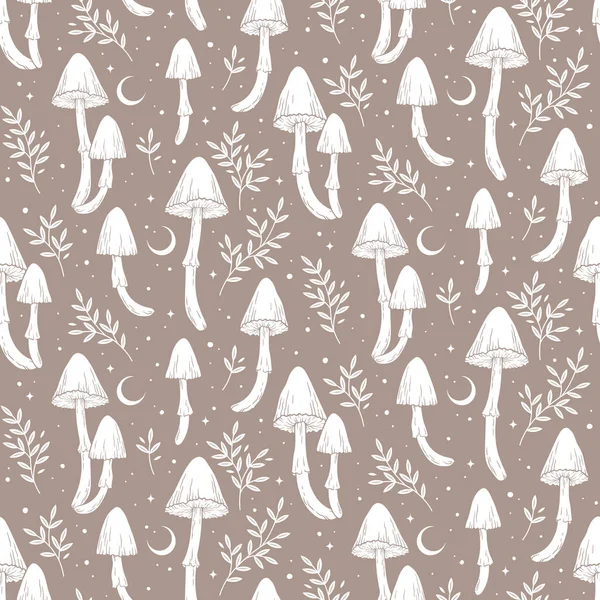 Hand Drawn Seamless Pattern Poisonous Mushrooms Branches Graphic Style Isolated — 스톡 벡터