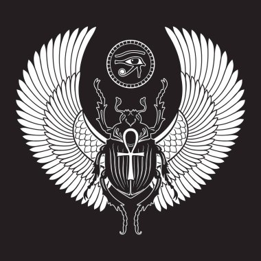 Sacred scarab beetle and eye of Horus ancient Egypt hand drawn vector illustration.