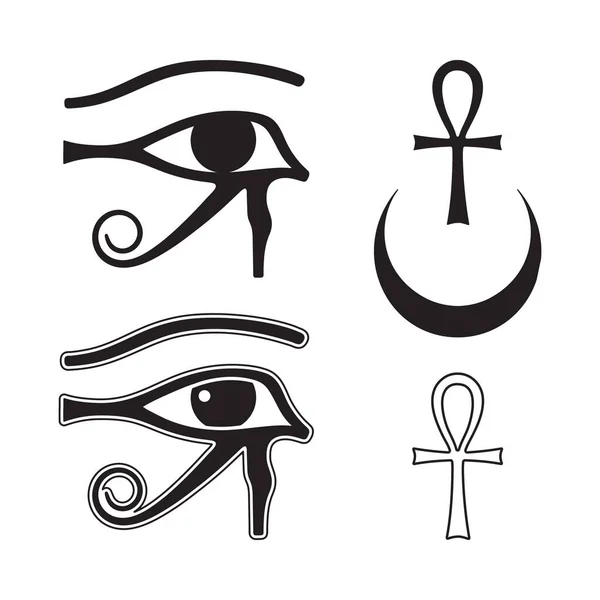 Eye Horus Ankh Cross Crescent Moon Set Hand Drawn Elements — Stock Vector