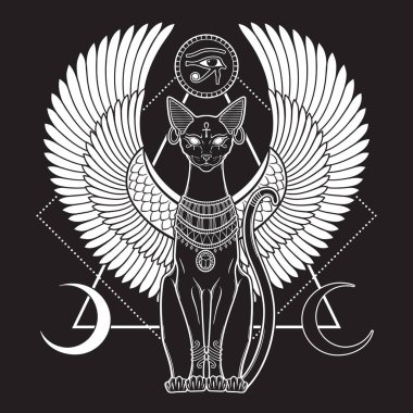 Bastet or Bast ancient Egyptian goddess sphynx cat in gothic style hand drawn vector illustration.