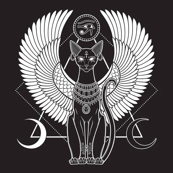 Баст Або Баст Давньоєгипетська Богиня Сфінкс Кішка Готичному Стилі Намальовані — стоковий вектор
