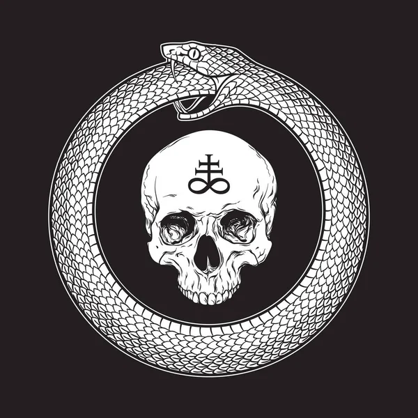 Ouroboros Serpent Uroboros Consommant Propre Queue Son Crâne Humain Avec — Image vectorielle
