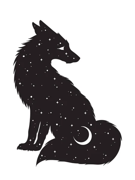 Silhouette Kitsune Fox Magic Animal Night Sky Crescent Moon Gothic — Stock Vector