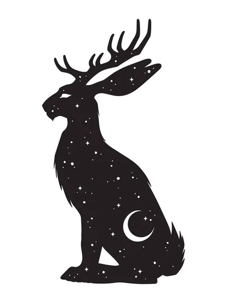 Silhouette Jackalope Hare Horns Folklore Magic Animal Night Sky Crescent — Vector de stock