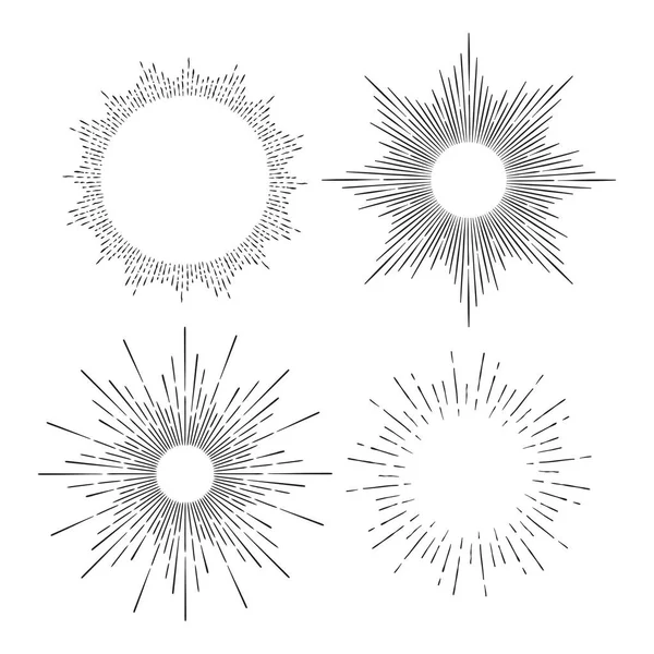 Handgezeichneter Satz Von Sunburst Radierung Stil Frame Strahlen Vektor Illustration — Stockvektor