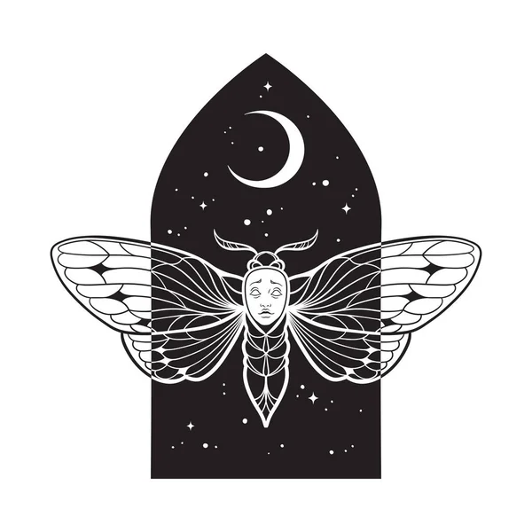 Готичний Метелик Обличчям Над Нічним Небом Півмісяцем Рука Намальована Лінія — стоковий вектор