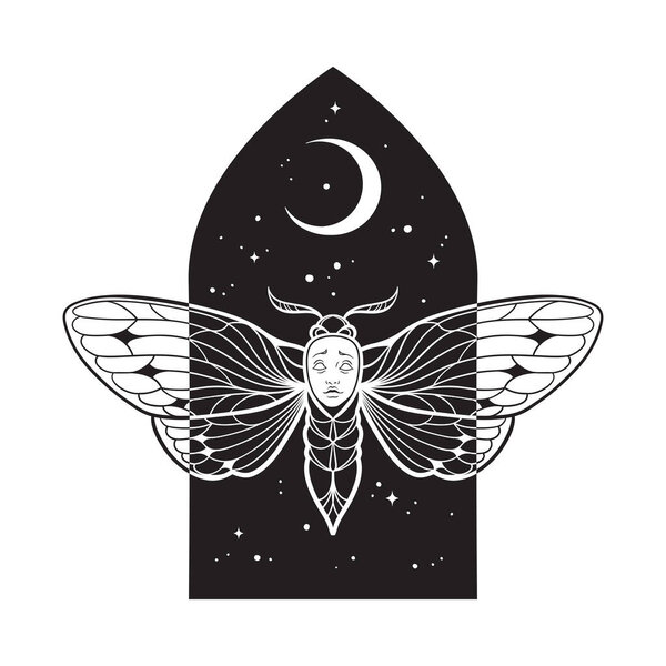 Gothic moth with face over night sky with crescent moon hand drawn line art gothic tattoo design isolated vector illustration.
