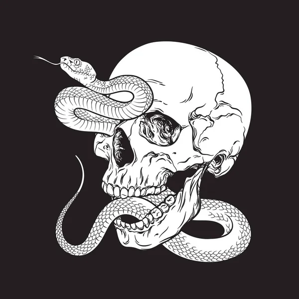 Человеческий Череп Ядовитой Змеей Изолированная Флэш Татуировка Печать Дизайн Ручной — стоковый вектор