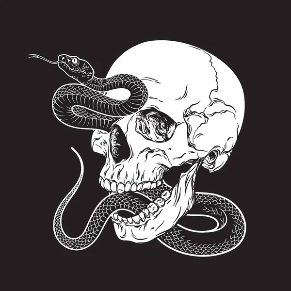 毒ヘビの隔離されたフラッシュタトゥーやプリントデザインの手で人間の頭蓋骨線アートベクトルイラスト — ストックベクタ