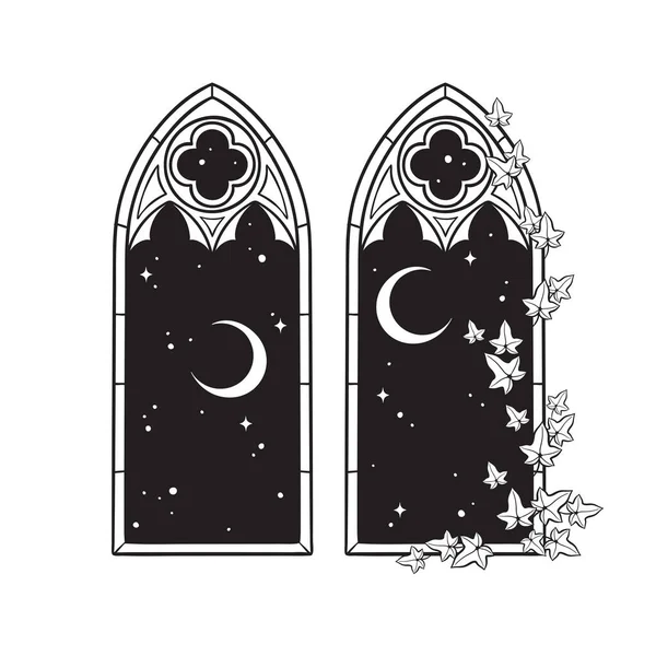 Gotická Okna Jedovatým Břečťanem Noční Oblohou Půlměsícem Ručně Kreslené Linie — Stockový vektor