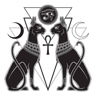 Bastet or Bast ancient Egyptian goddess sphynx cat in gothic style hand drawn vector illustration.