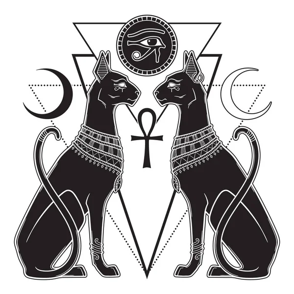 Bastet Bast Ancient Egyptian Goddess Sphynx Cat Gothic Style Hand — 图库矢量图片