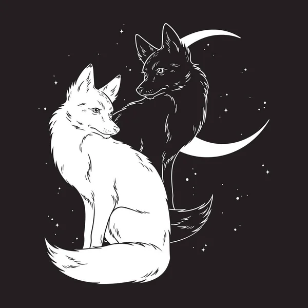 Dos Zorros Sobre Cielo Nocturno Con Luna Creciente Dibujado Mano — Vector de stock