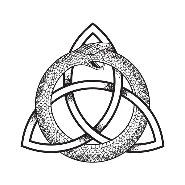 Ouroboros ya da uroboros yılanı kendi kuyruğunu ve ouroborolarını yer. Dövme, poster veya yazdırma vektör çizimi.