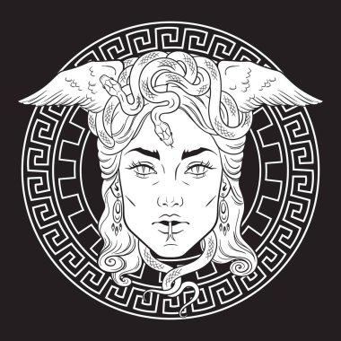 Medusa Gorgon kafası daha kıvrımlı bir kalkan el çizimi sanat dövmesi ya da iz tasarımı izole vektör çizimi üzerinde. Gorgoneion koruyucu bir tılsım.