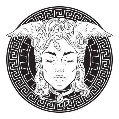 Medusa Gorgon kafası daha kıvrımlı bir kalkan el çizimi sanat dövmesi ya da iz tasarımı izole vektör çizimi üzerinde. Gorgoneion koruyucu bir tılsım.