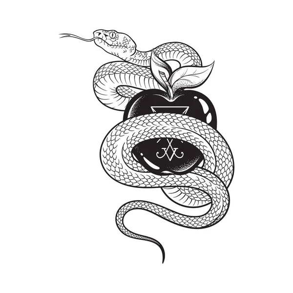Serpent Forbidden Fruit Tree Knowledge Sigil Lucifer Line Art Dot — Stock Vector