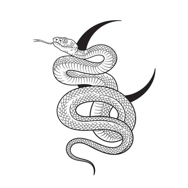 Serpent Crescent Moon Line Art Dot Work Boho Chic Tattoo — Stock Vector