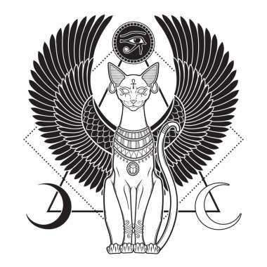 Bastet or Bast ancient Egyptian goddess sphynx cat in gothic style hand drawn vector illustration.