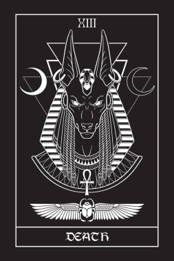Mısırlı tarot kartı Anubis ile Anubis antik Mısır tanrısı el çizimi vektör çizimi.