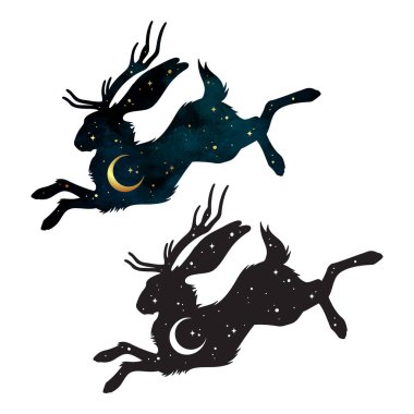 Silhouette of Jackalope hare with horns folklore magic animal with night sky with crescent moon gothic tattoo design isolated vector illustration.