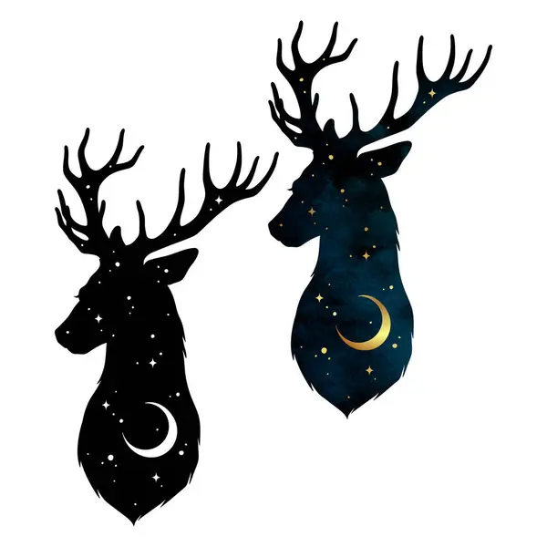 Silhouette Cervo Animale Magico Con Cielo Notturno Con Luna Crescente Vettoriali Stock Royalty Free