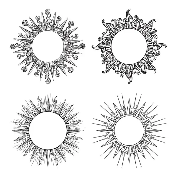 Set Hand Drawn Etching Style Frames Shape Sun Rays Vector Vector Graphics